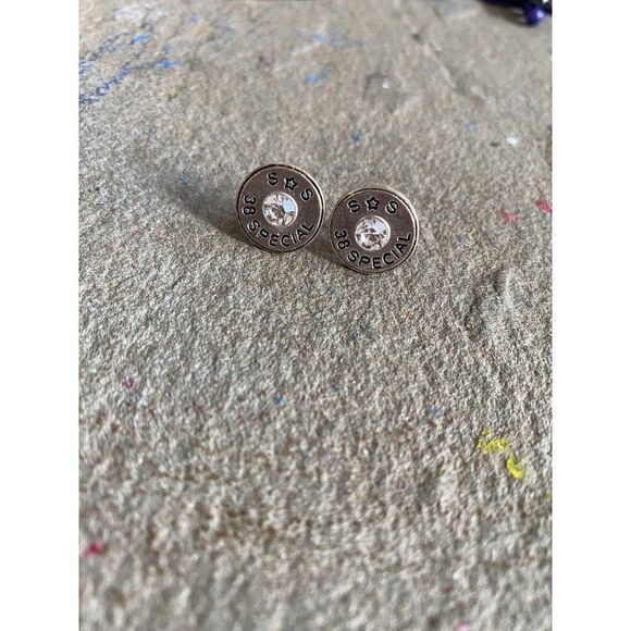 38 Special Earrings Shell Casing S Star S Stud Rhinestone Studs NG - Picture 6 of 9